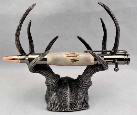 Deer Antler Bolt Action Gun Metal Ballpoint Pen & Pewter Deer Stand