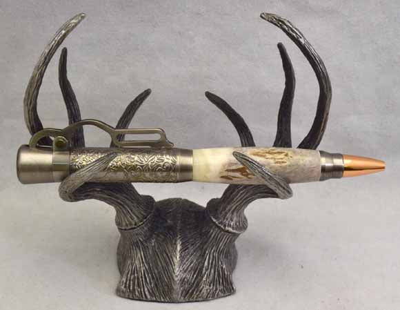Deer Antler Lever Action Antique Nickel Pen & Pewter Deer Stand